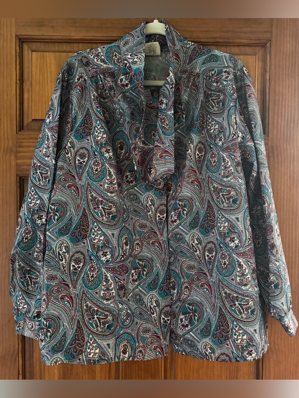 Vintage Nikki Blouse Women’s 42 Teal Brown Paisley Secretary Shirt USA Western